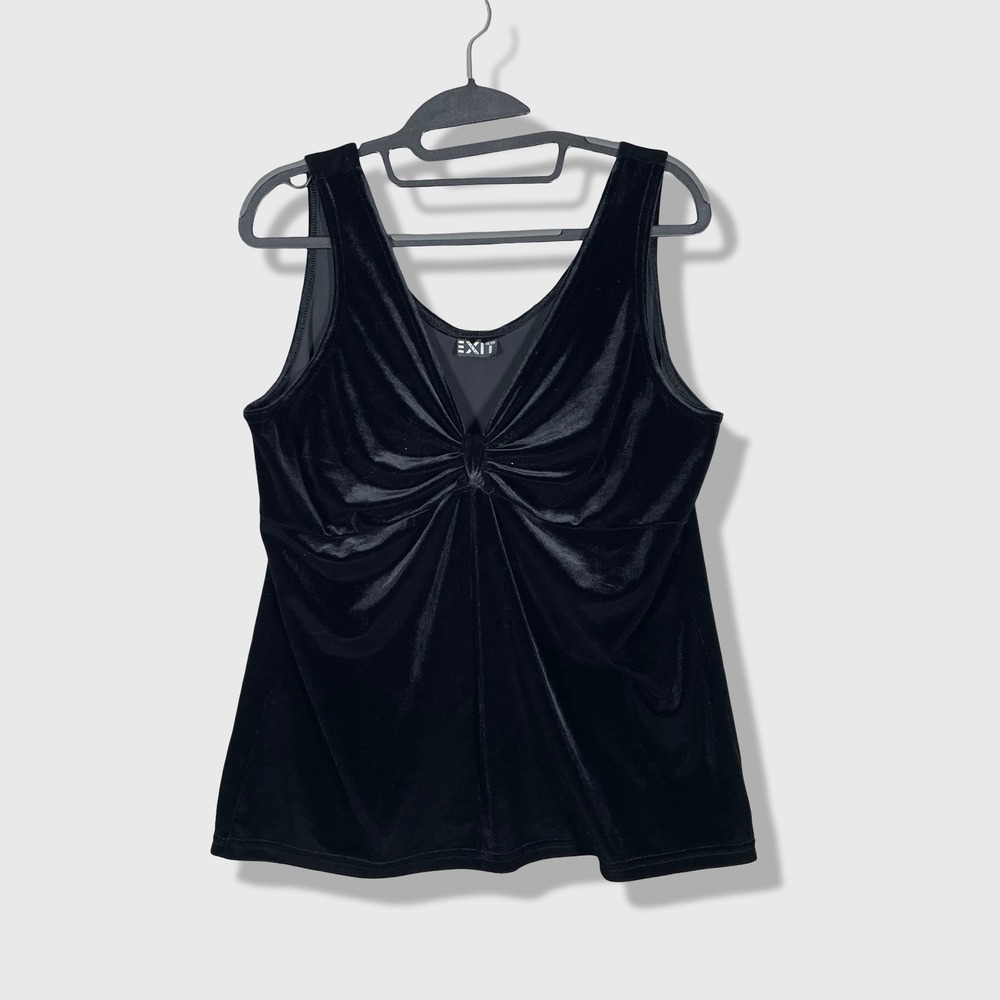 EXIT Velvet Tank Top‎ Womens Large Black V-Neck Knot Front Goth Chic Y2K